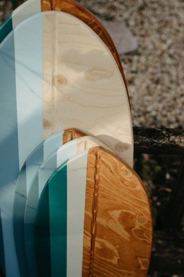 Zoom sur les planches d'équilibres au design trois bandes bleu et verte
